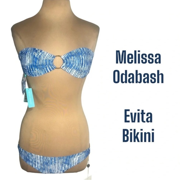 Melissa Odabash Evita aqua blue and white Gold Ring Bandeau Bikini Size Small/6 - Picture 2 of 8